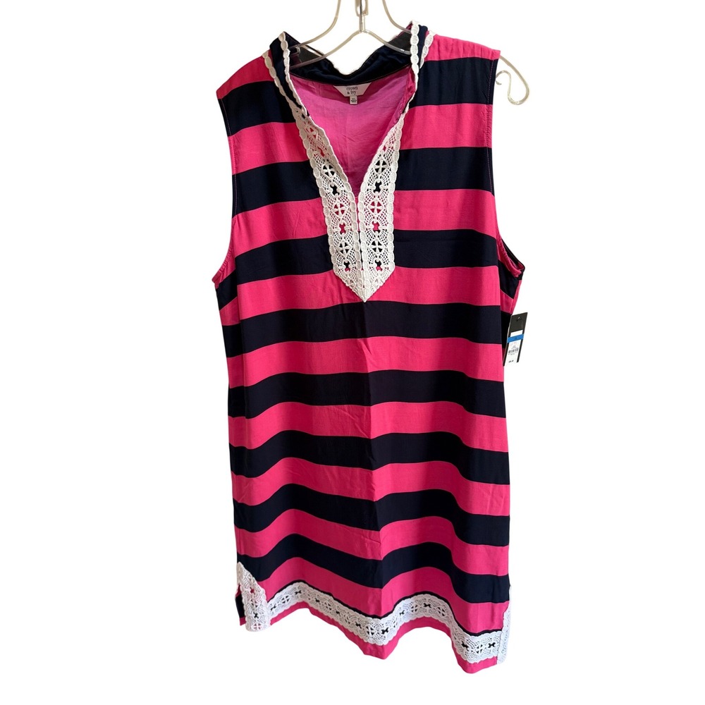 Crown & Ivy Women XL Pink Navy Stripe Sleeveless Lace Trim Tunic Dress NEW
